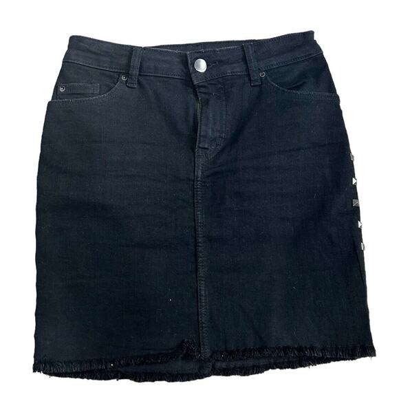 Divided Denim Black Jean Skirt Sz 4 Studded Distressed Raw Hem 16" Length - Picture 5 of 5